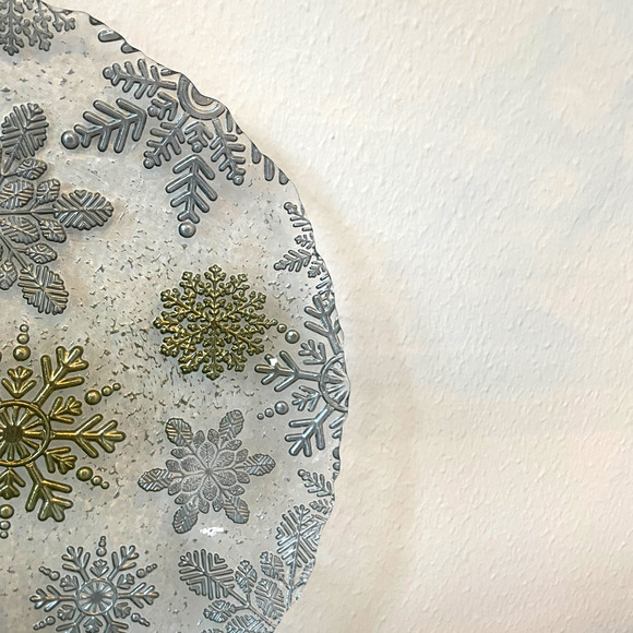 Artistic Accents Turkish Glass Serving Platter 13in Gold Silver Snowflakes NEW - Picture 10 of 11